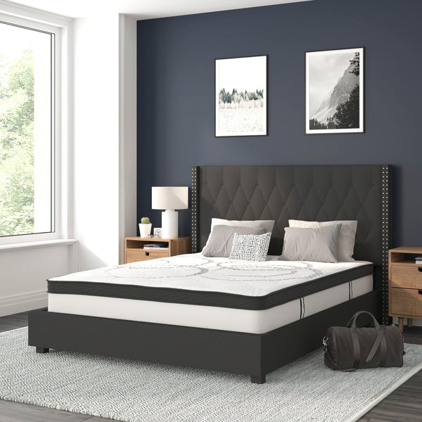 Black,Queen |#| Queen Tufted Platform Bed in Black Fabric with 10 Inch Pocket Spring Mattress