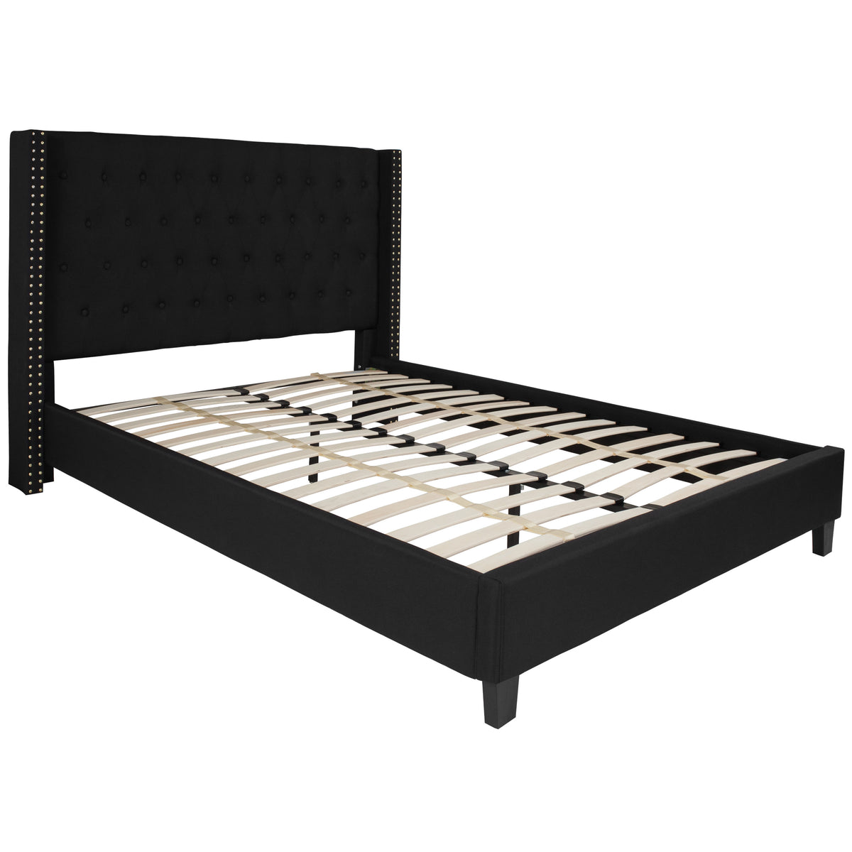 Black,Queen |#| Queen Tufted Platform Bed in Black Fabric with 10 Inch Pocket Spring Mattress