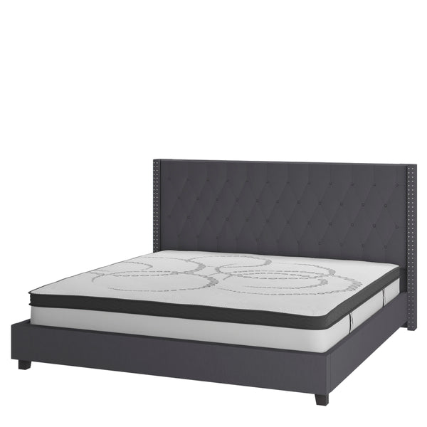 Dark Gray,King |#| King Tufted Platform Bed in Dark Gray Fabric with 10 Inch Pocket Spring Mattress