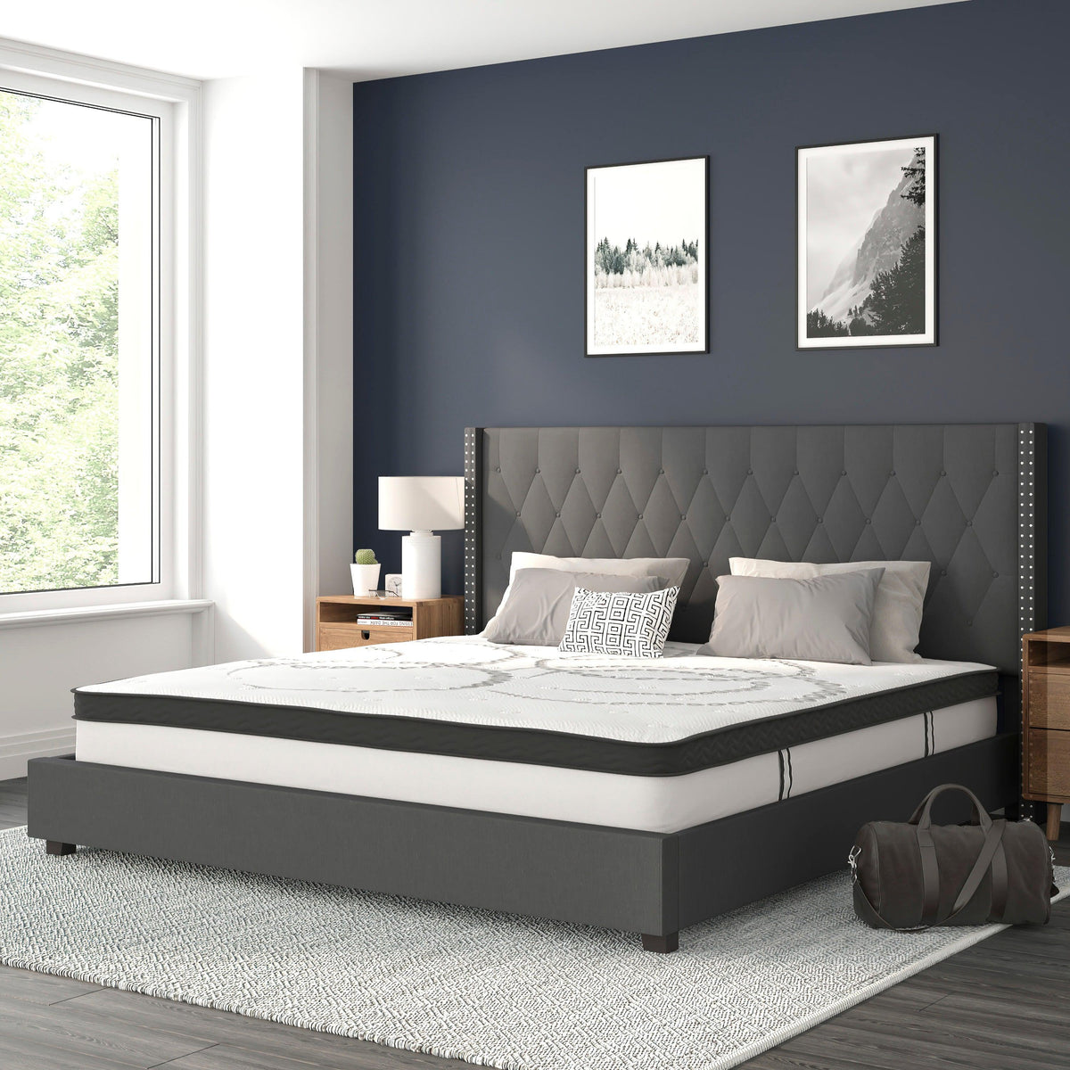 Dark Gray,King |#| King Tufted Platform Bed in Dark Gray Fabric with 10 Inch Pocket Spring Mattress