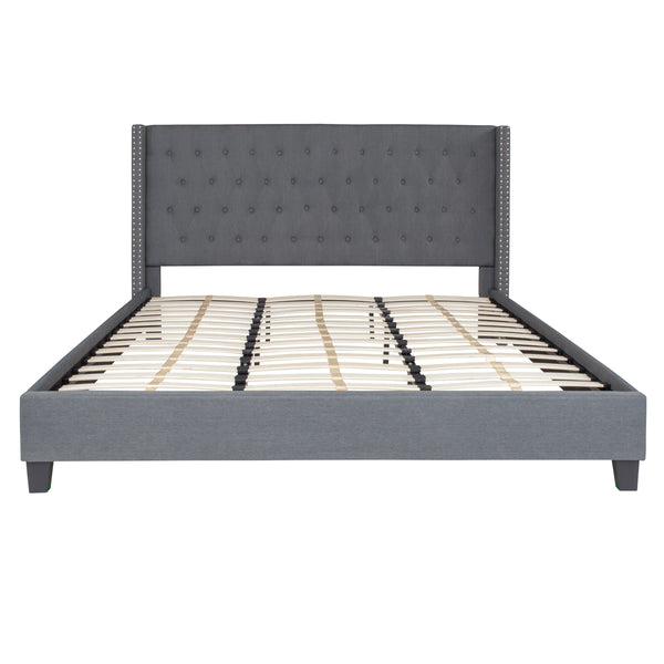 Dark Gray,King |#| King Tufted Platform Bed in Dark Gray Fabric with 10 Inch Pocket Spring Mattress