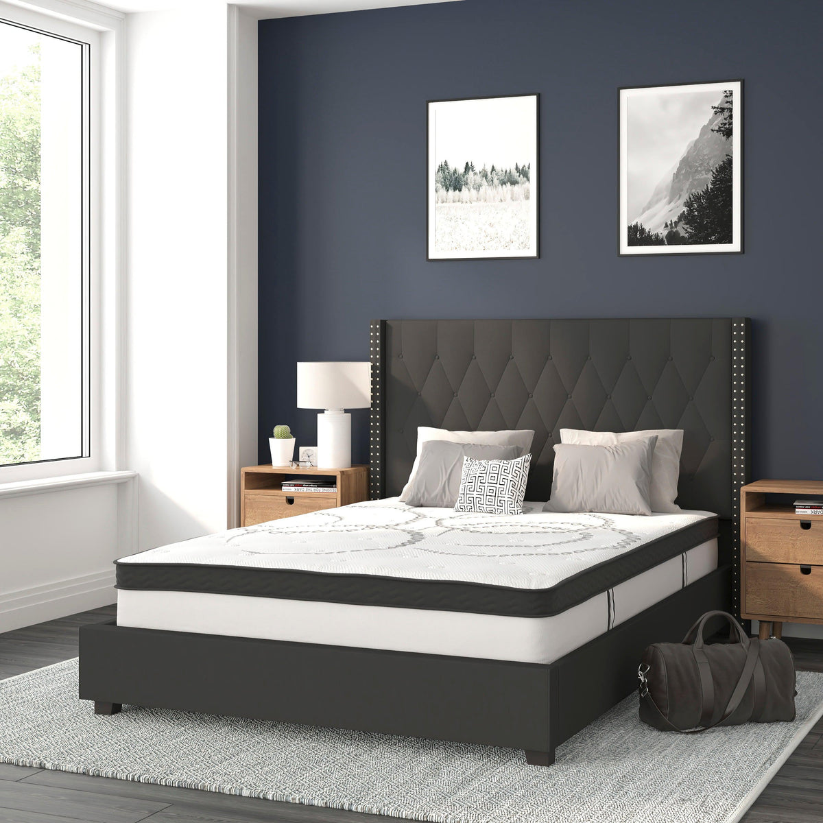 Black,Full |#| Full Tufted Platform Bed in Black Fabric with 10 Inch Pocket Spring Mattress