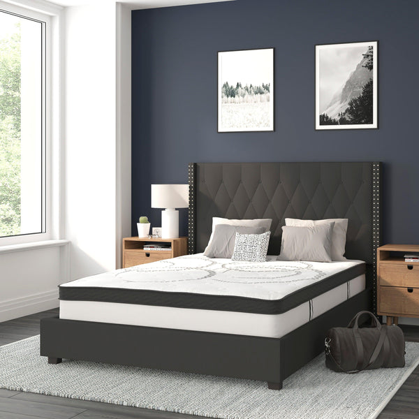 Black,Full |#| Full Tufted Platform Bed in Black Fabric with 10 Inch Pocket Spring Mattress