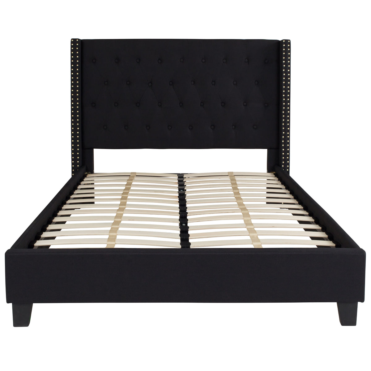 Black,Full |#| Full Tufted Platform Bed in Black Fabric with 10 Inch Pocket Spring Mattress