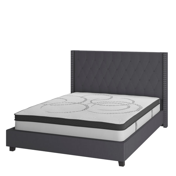 Dark Gray,Queen |#| Queen Tufted Platform Bed in Dark Gray Fabric with 10in. Pocket Spring Mattress