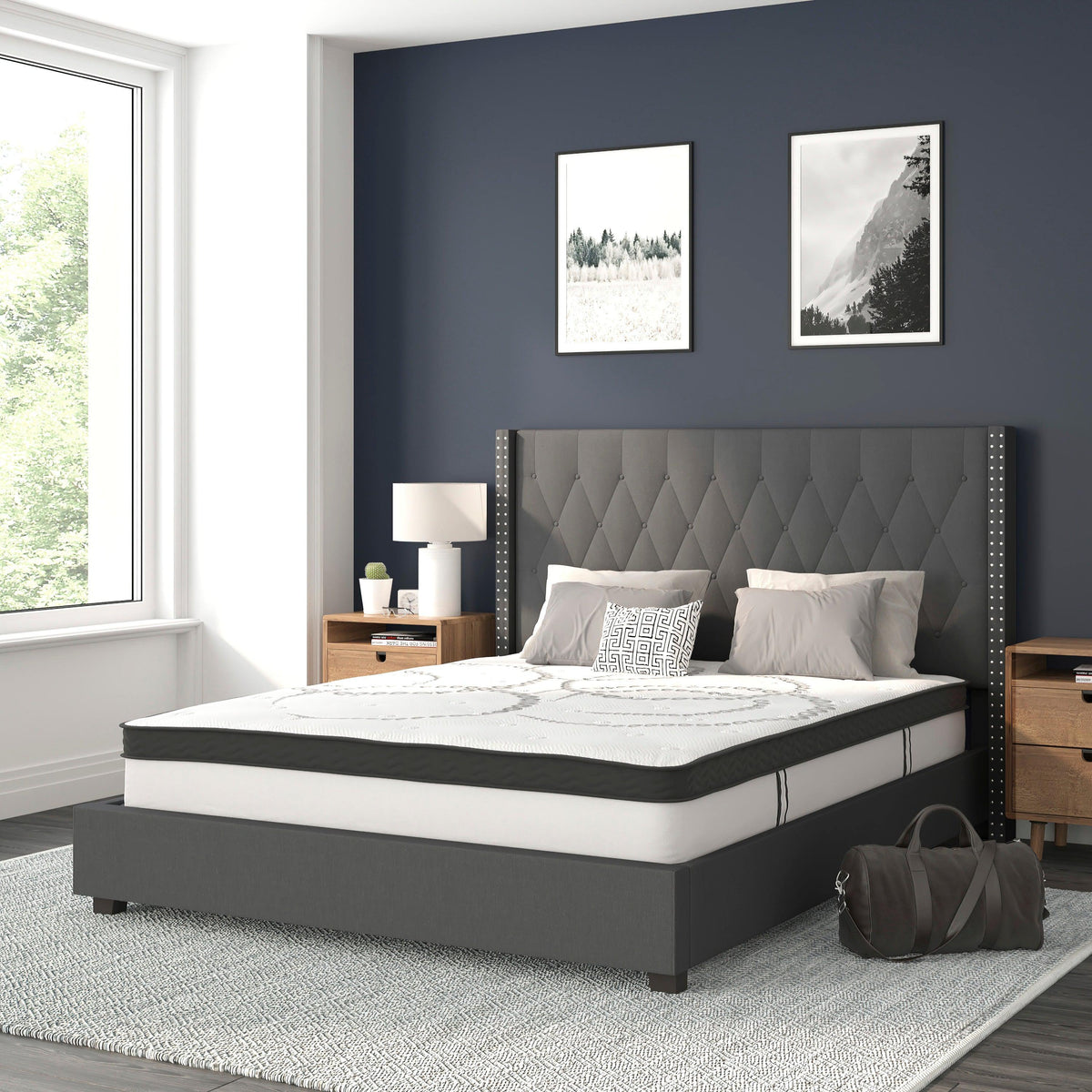 Dark Gray,Queen |#| Queen Tufted Platform Bed in Dark Gray Fabric with 10in. Pocket Spring Mattress