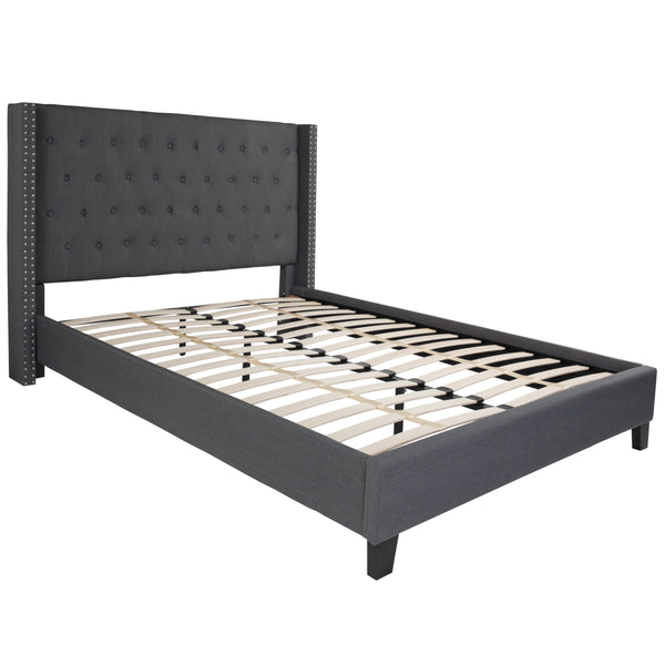 Dark Gray,Queen |#| Queen Tufted Platform Bed in Dark Gray Fabric with 10in. Pocket Spring Mattress