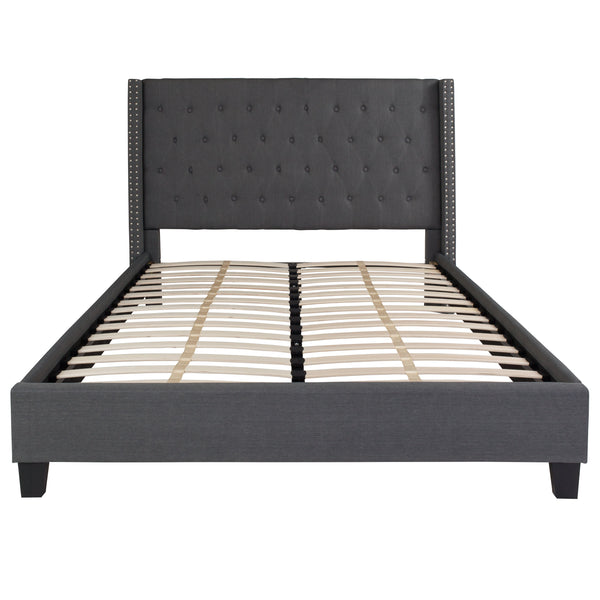 Dark Gray,Queen |#| Queen Tufted Platform Bed in Dark Gray Fabric with 10in. Pocket Spring Mattress