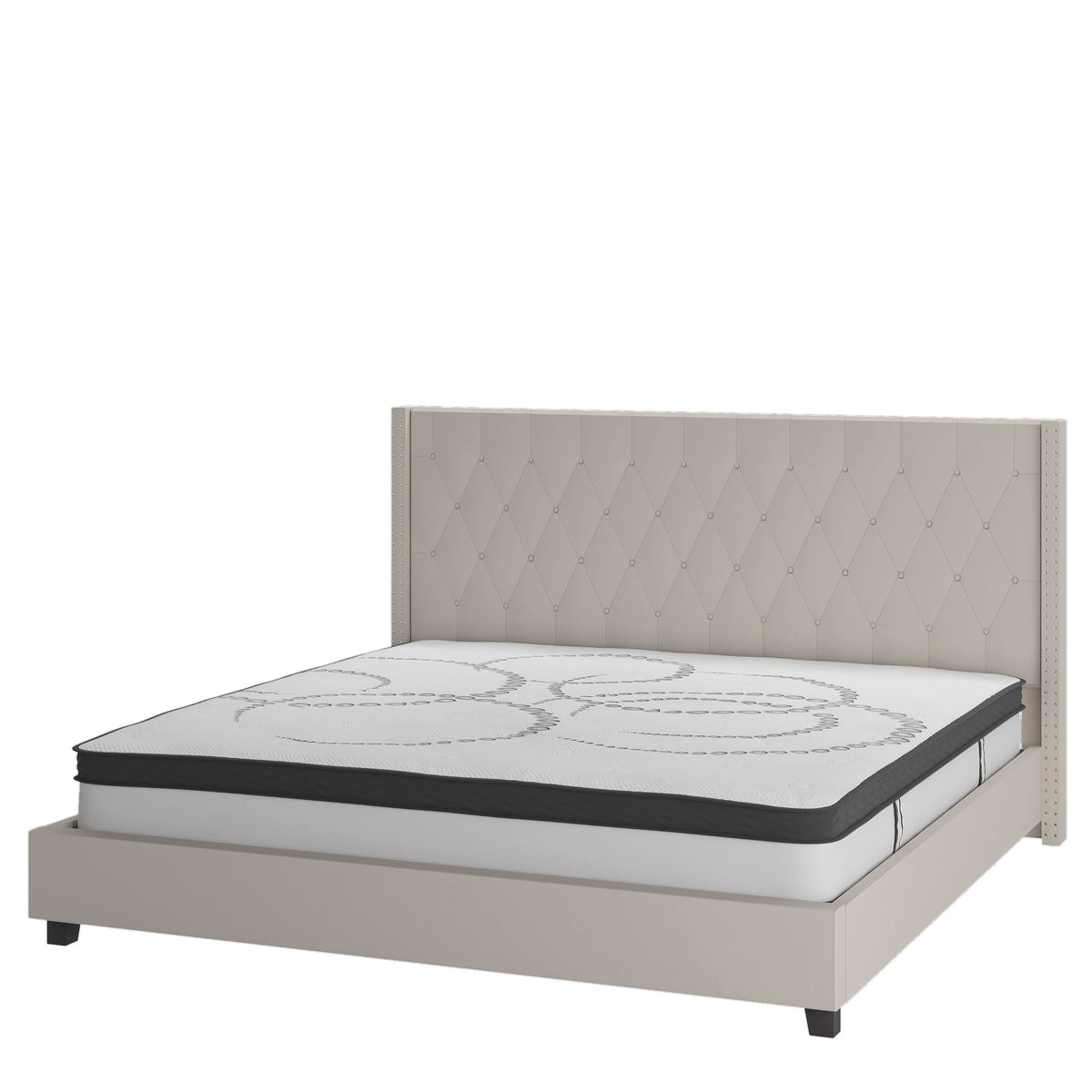 Beige,King |#| King Tufted Platform Bed in Beige Fabric with 10 Inch Pocket Spring Mattress