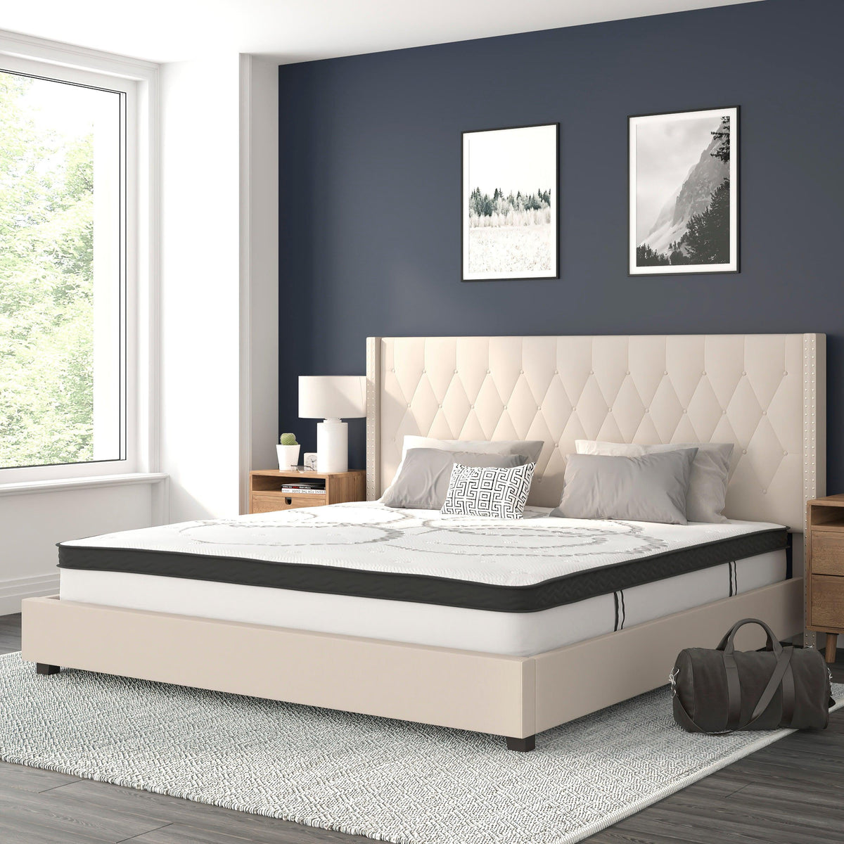 Beige,King |#| King Tufted Platform Bed in Beige Fabric with 10 Inch Pocket Spring Mattress