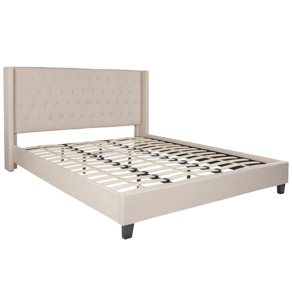 Beige,King |#| King Tufted Platform Bed in Beige Fabric with 10 Inch Pocket Spring Mattress