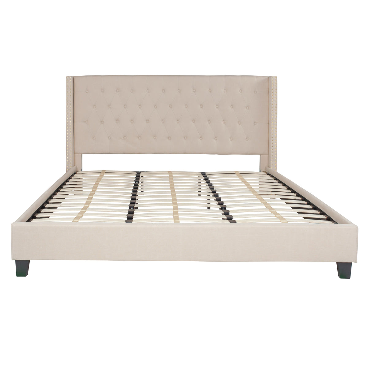 Beige,King |#| King Tufted Platform Bed in Beige Fabric with 10 Inch Pocket Spring Mattress