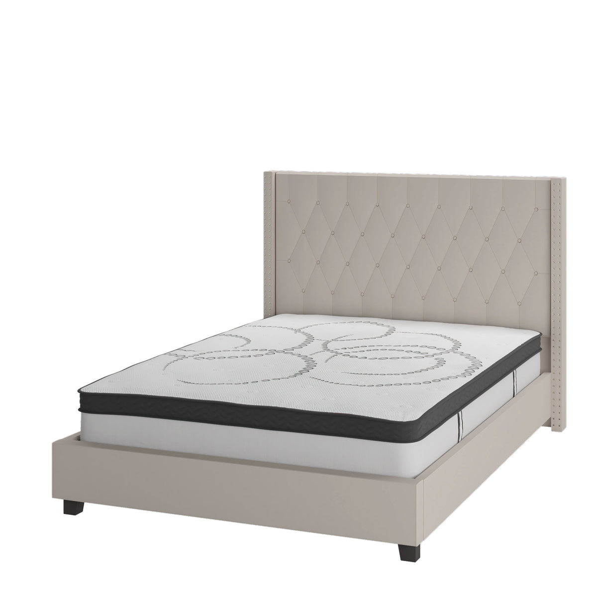 Beige,Queen |#| Queen Tufted Platform Bed in Beige Fabric with 10 Inch Pocket Spring Mattress