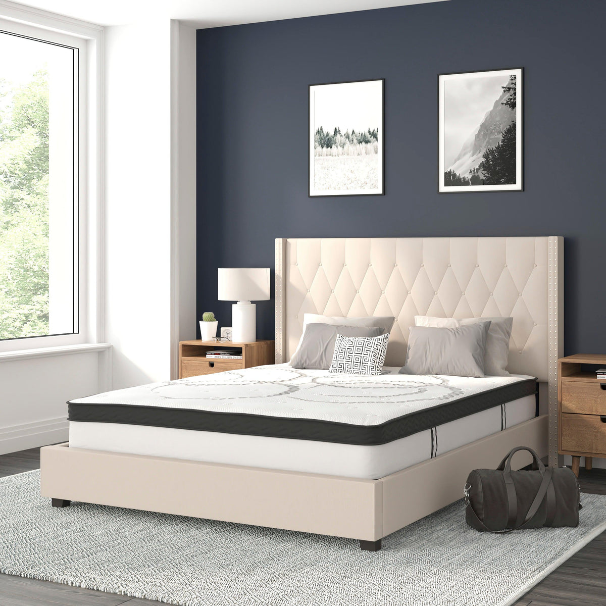 Beige,Queen |#| Queen Tufted Platform Bed in Beige Fabric with 10 Inch Pocket Spring Mattress