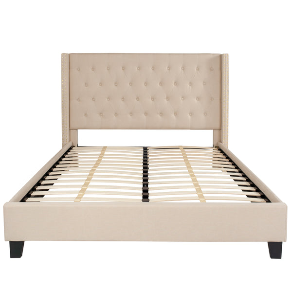 Beige,Queen |#| Queen Tufted Platform Bed in Beige Fabric with 10 Inch Pocket Spring Mattress