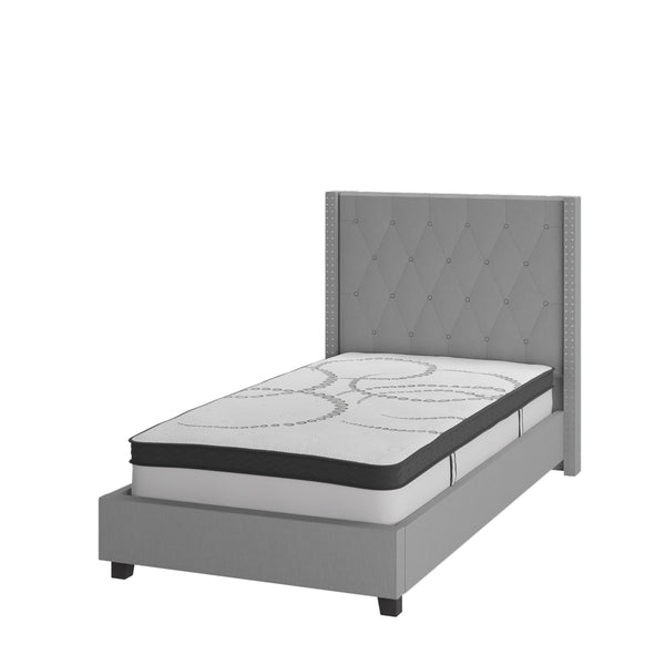 Light Gray,Twin |#| Twin Tufted Platform Bed in Light Gray Fabric with 10in. Pocket Spring Mattress