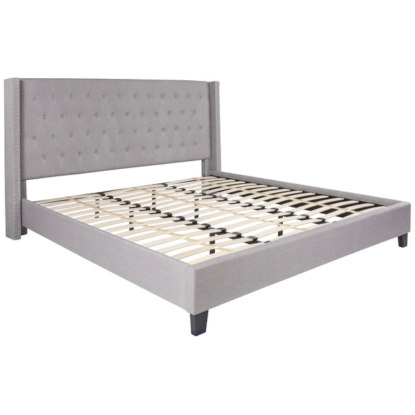 Light Gray,King |#| King Tufted Platform Bed in Light Gray Fabric with 10in. Pocket Spring Mattress