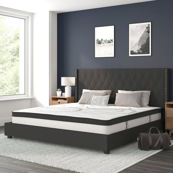 Black,King |#| King Tufted Platform Bed in Black Fabric with 10 Inch Pocket Spring Mattress