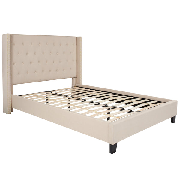 Beige,Full |#| Full Tufted Platform Bed in Beige Fabric with 10 Inch Pocket Spring Mattress