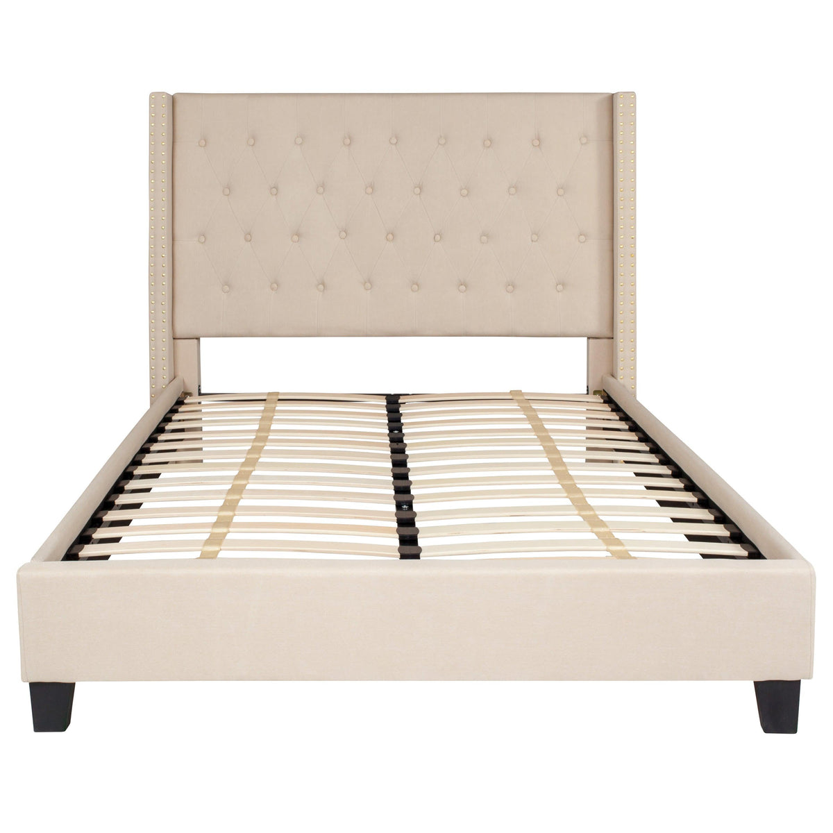 Beige,Full |#| Full Tufted Platform Bed in Beige Fabric with 10 Inch Pocket Spring Mattress