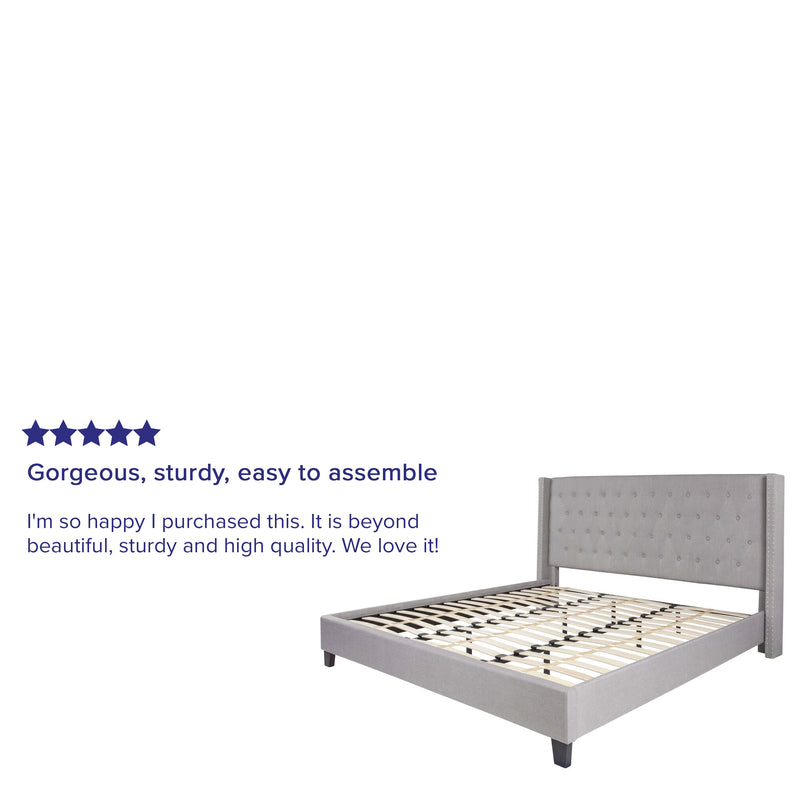 Light Gray,King |#| King Size Tufted Lt Gray Fabric Platform Bed w/ Accent Nail Trim Extended Sides