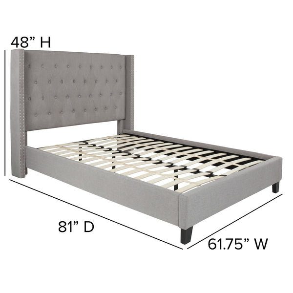 Light Gray,Full |#| Full Size Tufted Lt Gray Fabric Platform Bed w/ Accent Nail Trim Extended Sides