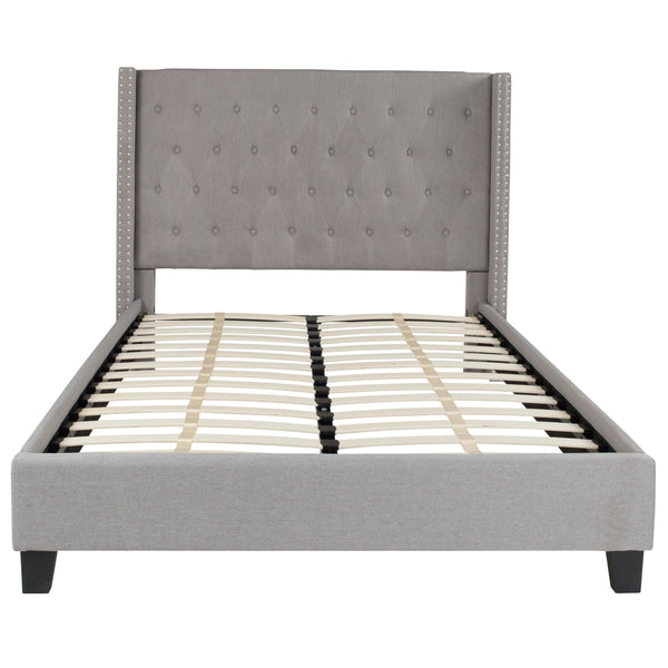 Light Gray,Full |#| Full Size Tufted Lt Gray Fabric Platform Bed w/ Accent Nail Trim Extended Sides