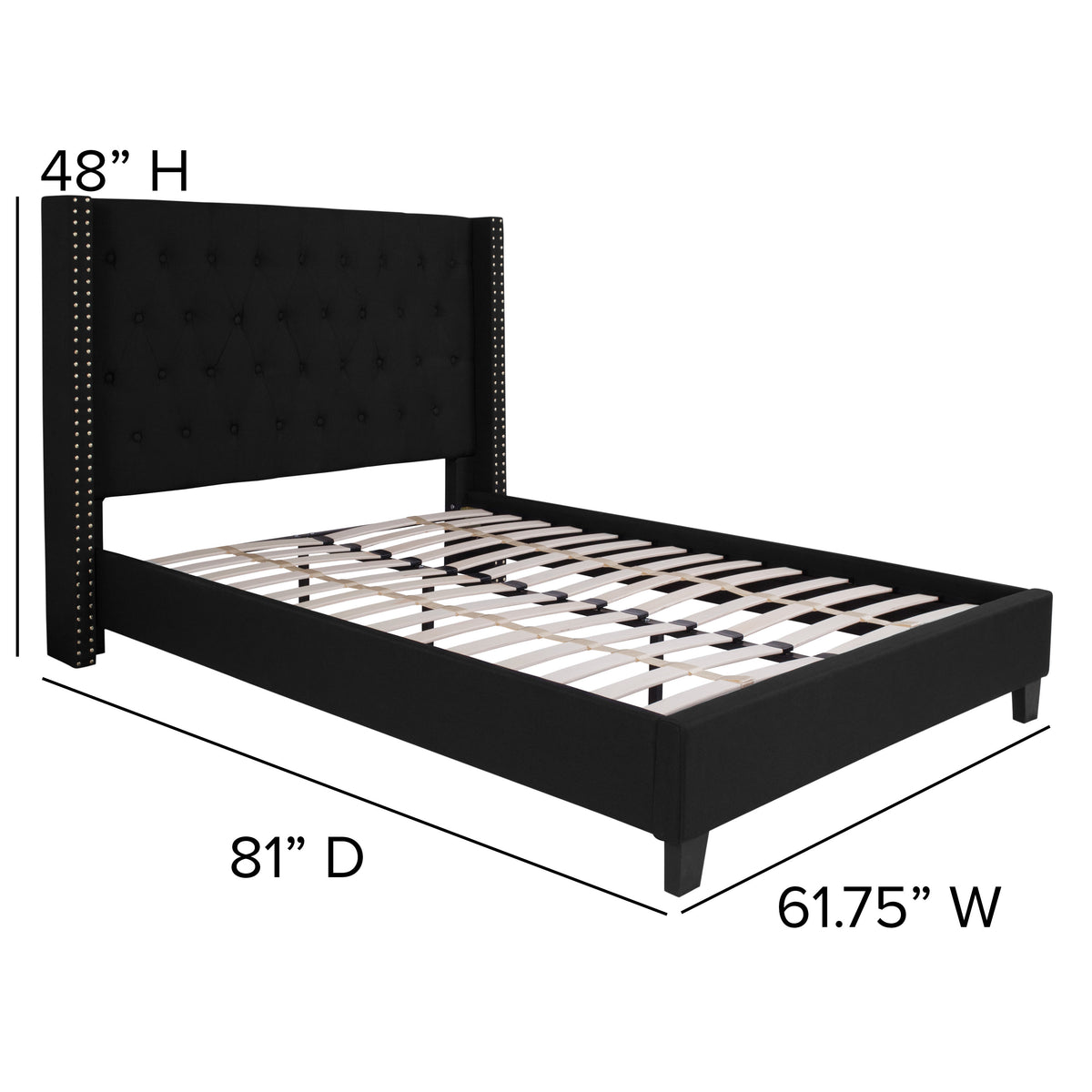 Black,Full |#| Full Size Tufted Black Fabric Platform Bed w/ Accent Nail Trimmed Extended Sides