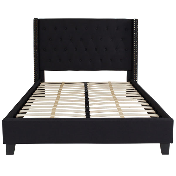 Black,Full |#| Full Size Tufted Black Fabric Platform Bed w/ Accent Nail Trimmed Extended Sides