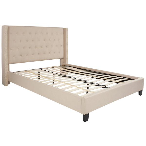 Beige,Queen |#| Queen Size Tufted Beige Fabric Platform Bed w/Accent Nail Trimmed Extended Sides