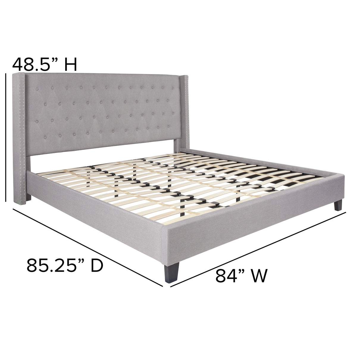 Light Gray,King |#| King Size Tufted Lt Gray Fabric Platform Bed w/ Accent Nail Trim Extended Sides