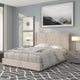 Beige,Queen |#| Queen Size Tufted Beige Fabric Platform Bed w/Accent Nail Trimmed Extended Sides