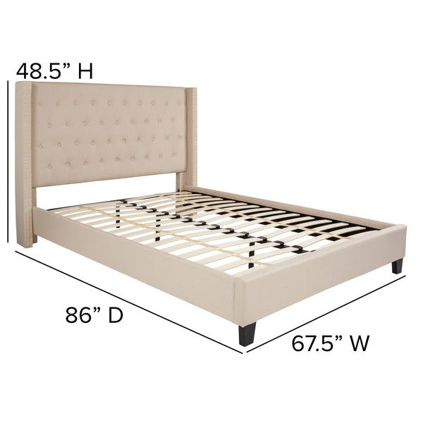 Beige,Queen |#| Queen Size Tufted Beige Fabric Platform Bed w/Accent Nail Trimmed Extended Sides