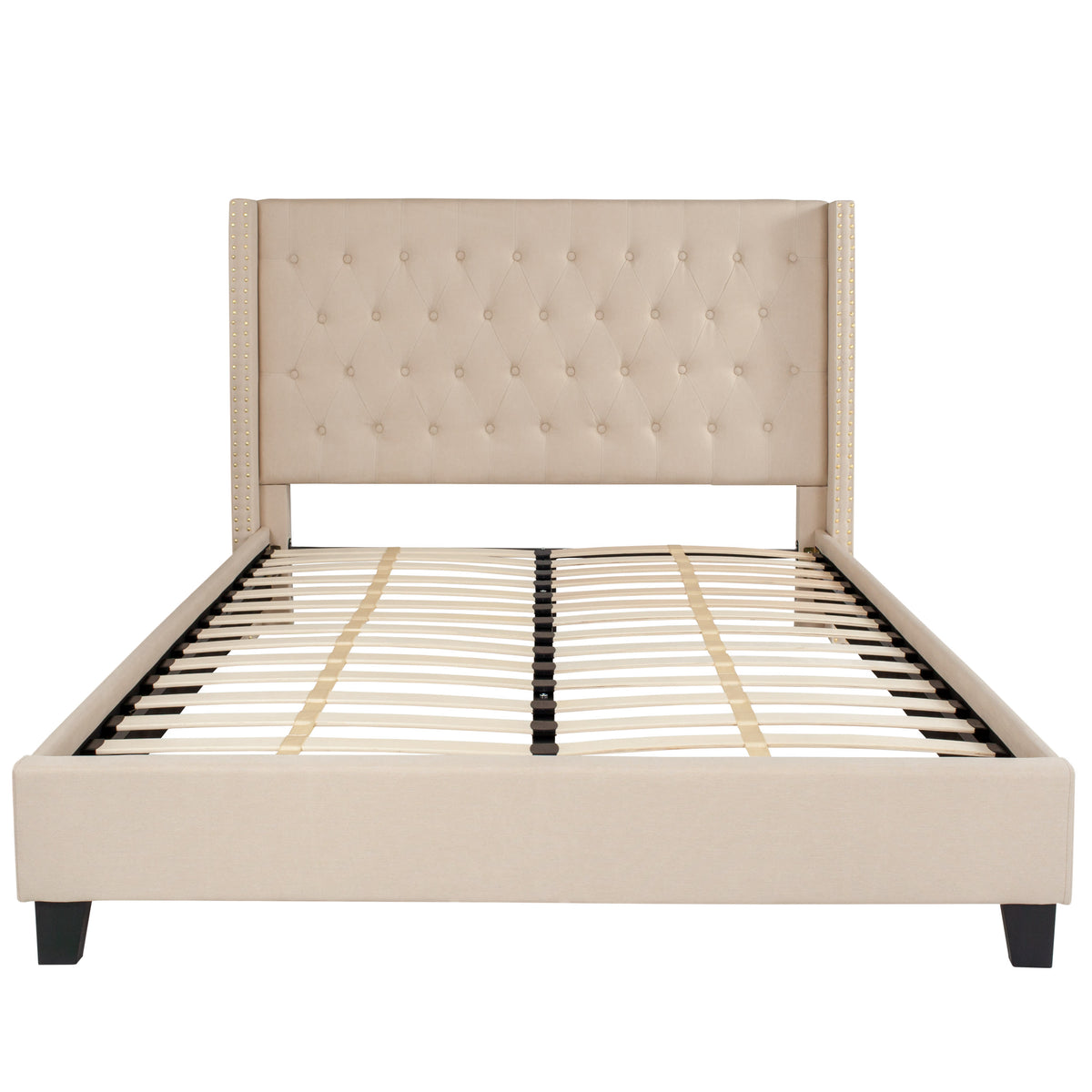 Beige,Queen |#| Queen Size Tufted Beige Fabric Platform Bed w/Accent Nail Trimmed Extended Sides