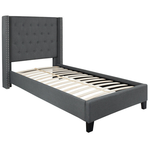 Dark Gray,Twin |#| Twin Size Tufted Dk Gray Fabric Platform Bed w/ Accent Nail Trim Extended Sides