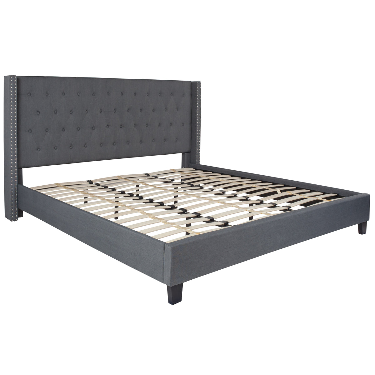 Dark Gray,King |#| King Size Tufted Dk Gray Fabric Platform Bed w/ Accent Nail Trim Extended Sides