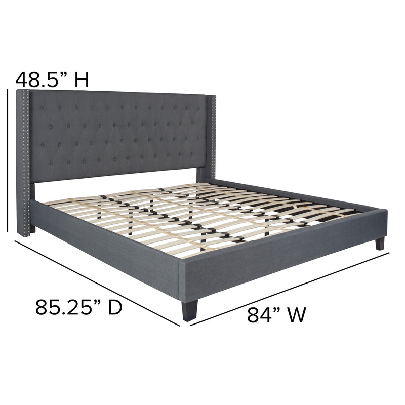 Dark Gray,King |#| King Size Tufted Dk Gray Fabric Platform Bed w/ Accent Nail Trim Extended Sides