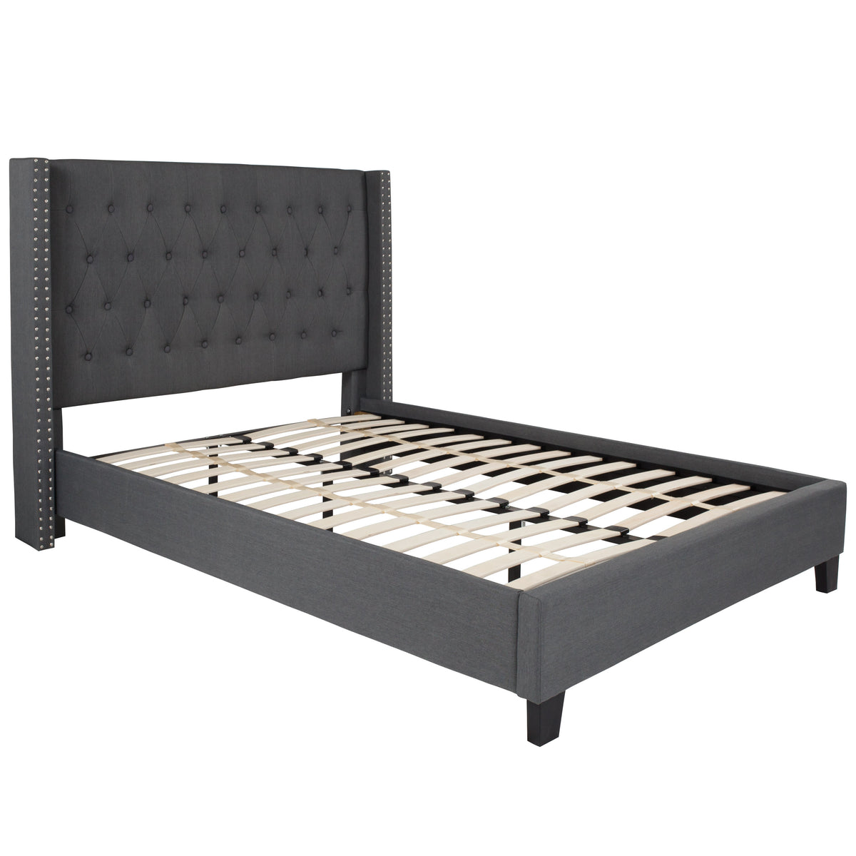 Dark Gray,Full |#| Full Size Tufted Dk Gray Fabric Platform Bed w/ Accent Nail Trim Extended Sides