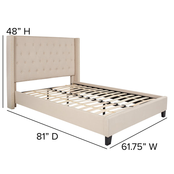 Beige,Full |#| Full Size Tufted Beige Fabric Platform Bed w/ Accent Nail Trimmed Extended Sides