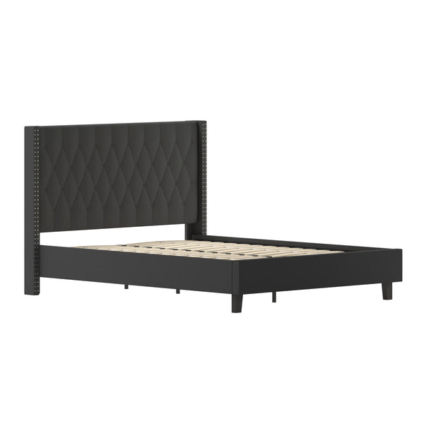 Black,Queen |#| Queen Size Tufted Black Fabric Platform Bed w/Accent Nail Trimmed Extended Sides