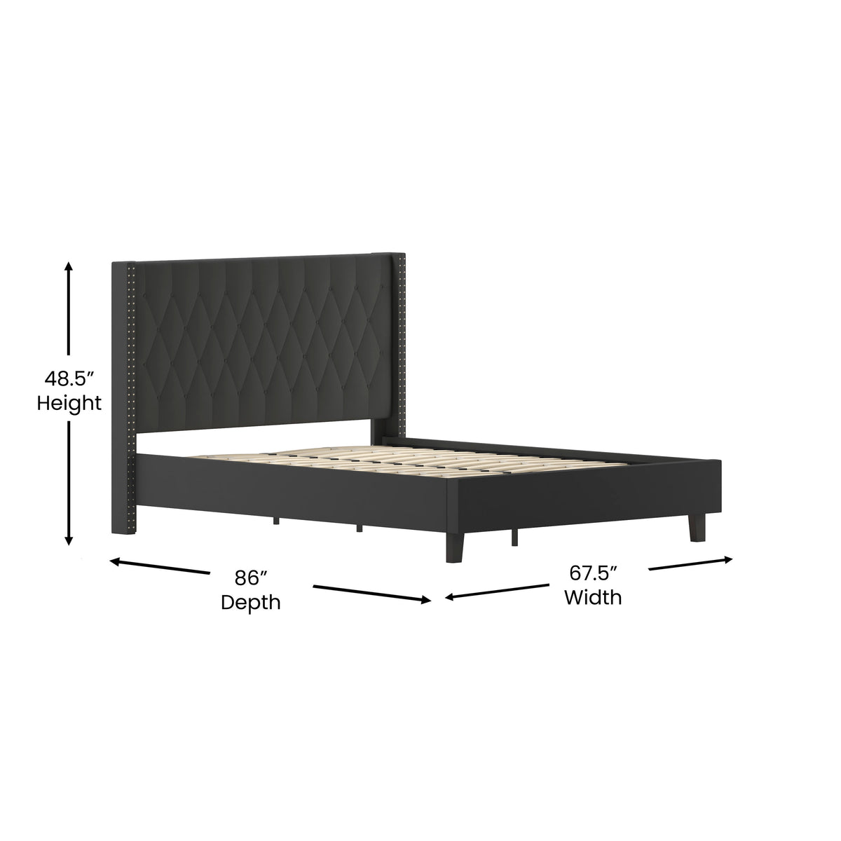 Black,Queen |#| Queen Size Tufted Black Fabric Platform Bed w/Accent Nail Trimmed Extended Sides