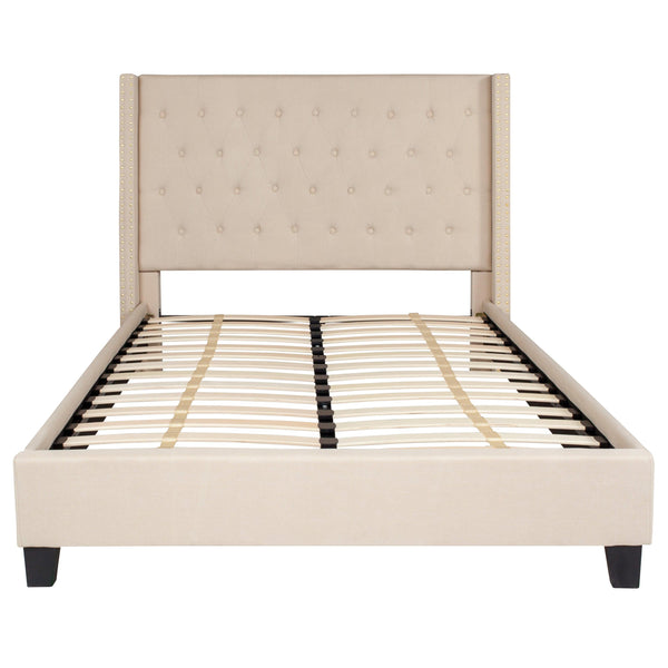 Beige,Full |#| Full Size Tufted Beige Fabric Platform Bed w/ Accent Nail Trimmed Extended Sides