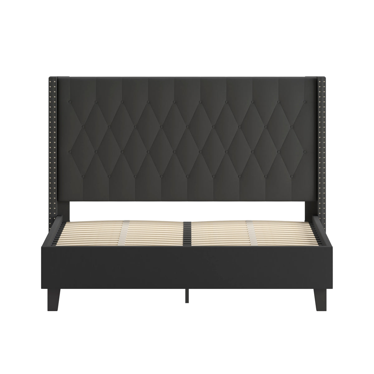 Black,Queen |#| Queen Size Tufted Black Fabric Platform Bed w/Accent Nail Trimmed Extended Sides
