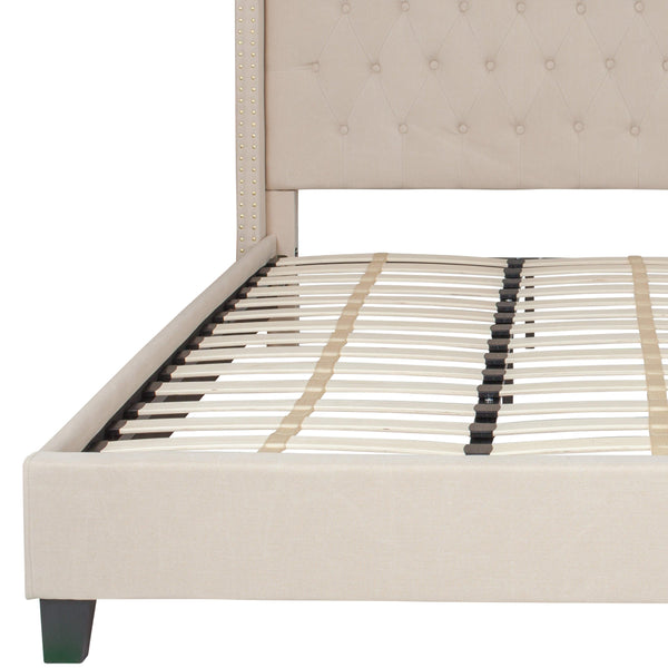 Beige,King |#| King Size Tufted Beige Fabric Platform Bed w/ Accent Nail Trimmed Extended Sides