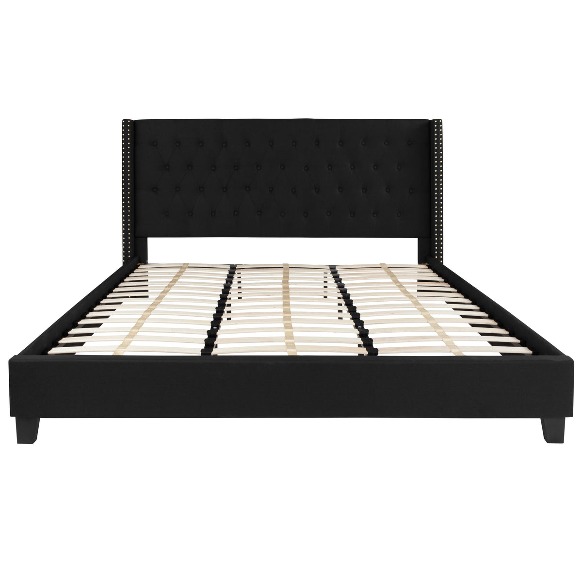 Black,King |#| King Size Tufted Black Fabric Platform Bed w/ Accent Nail Trimmed Extended Sides