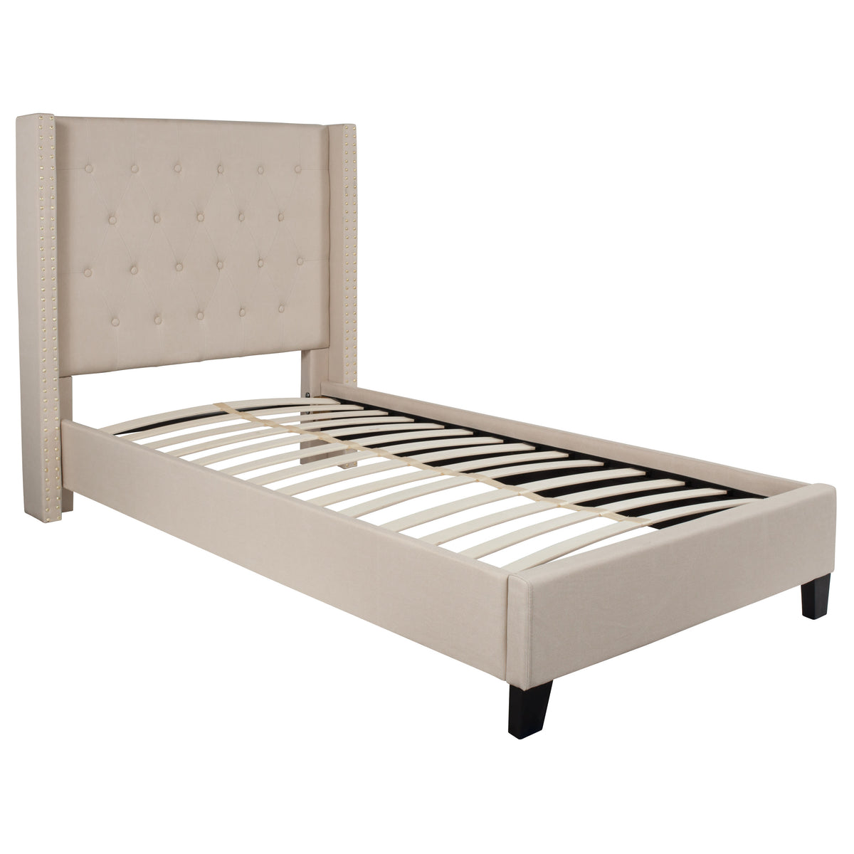 Beige,Twin |#| Twin Size Tufted Beige Fabric Platform Bed w/ Accent Nail Trimmed Extended Sides