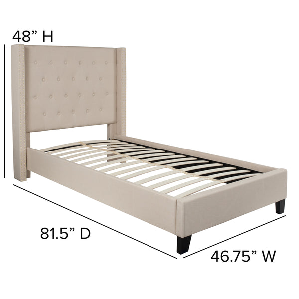 Beige,Twin |#| Twin Size Tufted Beige Fabric Platform Bed w/ Accent Nail Trimmed Extended Sides