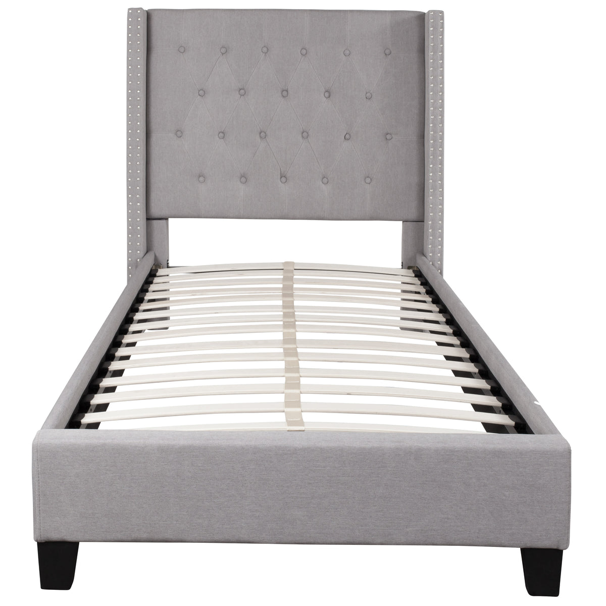 Light Gray,Twin |#| Twin Size Tufted Lt Gray Fabric Platform Bed w/ Accent Nail Trim Extended Sides