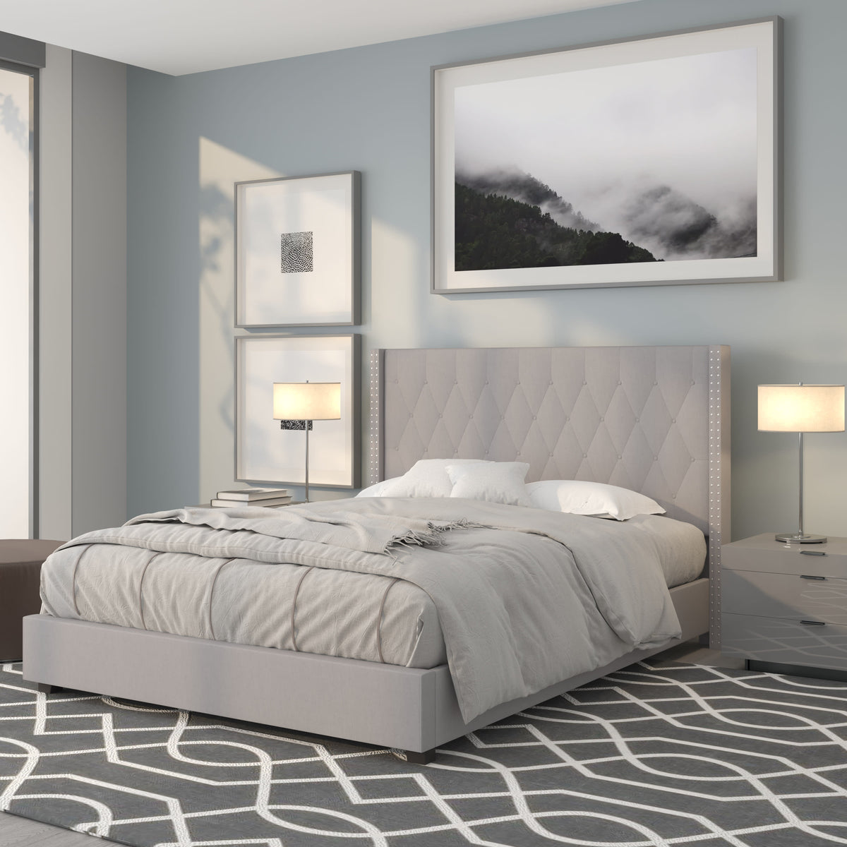 Light Gray,Queen |#| Queen Size Tufted Lt Gray Fabric Platform Bed w/Accent Nail Trim Extended Sides