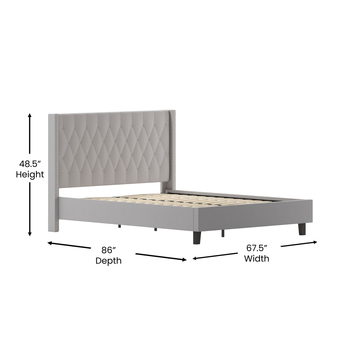 Light Gray,Queen |#| Queen Size Tufted Lt Gray Fabric Platform Bed w/Accent Nail Trim Extended Sides